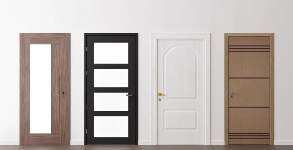 Walnut, black, white and oak internal door styles side by side, some of the internal door styles we supply and fit in Newcastle